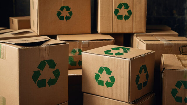 Cajas de cart&oacute;n con s&iacute;mbolo de reciclaje
