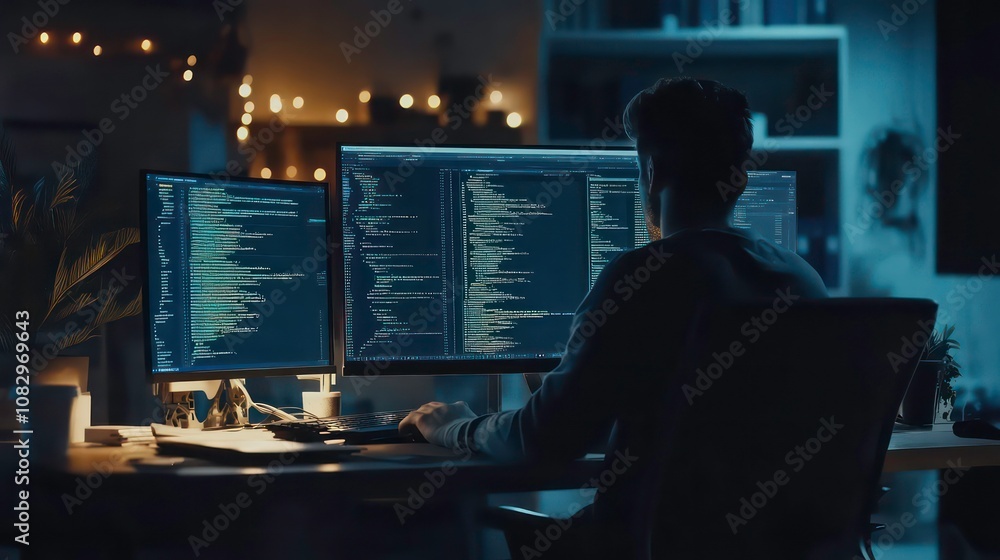 Aufkleber Web design, coding and programming technologies. Programmer working in an office for a software development company.