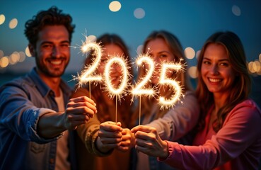 Friends celebrate New Year Eve with sparklers. People hold fireworks shaped as 2025, smiling at camera. New Year party with friends, good mood, festive celebration, sparklers, fireworks, countdown,