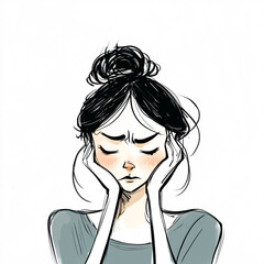 Abstract Illustration of a Young Woman in Distress, Expressing Anxiety and Emotional Struggle, Hand-Drawn Style for Mental Health Themes