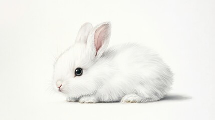 A small, white rabbit with pink ears and black eyes sits on a white background.