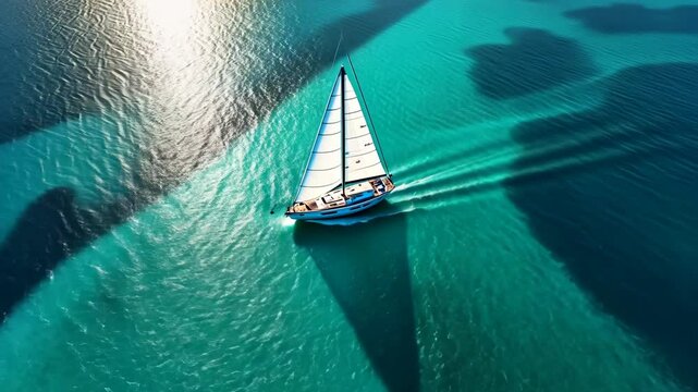 Sailing on turquoise waters with shadows of boats nearby during a sunny day on the coast