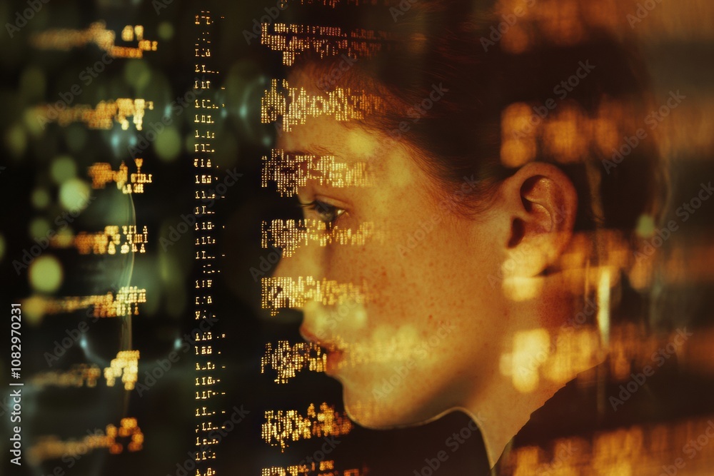 Poster a human silhouette layered with rows of dna code illustrates the connection between genetics and hum