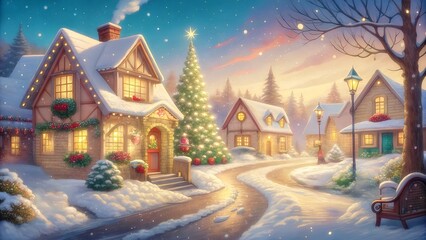 Fototapeta premium Christmas theme illustration village town street house in snowing winter landscape background wallpaper