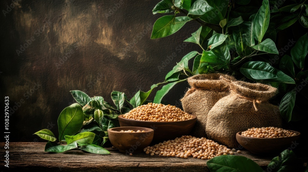 Poster bowls and sacks filled with various lentils, beans, and chickpeas rest on a rustic wooden table, com