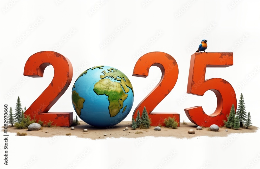 Poster red rusty 2025 number with a globe in the middle on a white background. 2025 new year resolution con