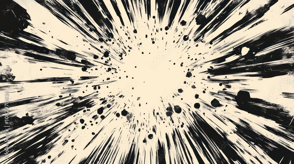 Aufkleber Abstract black and white radial design with a burst of light in the center and scattered black dots against a light background.