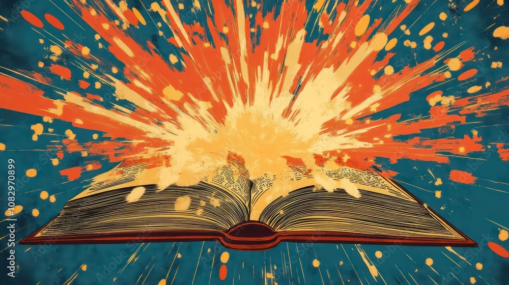 Poster An open book with a bright, colorful explosion emanating from its pages, suggesting the power of knowledge and imagination.