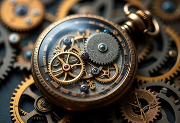 Intricate details of a vintage pocket watch surrounded by gears showcasing craftsmanship and mechanical artistry