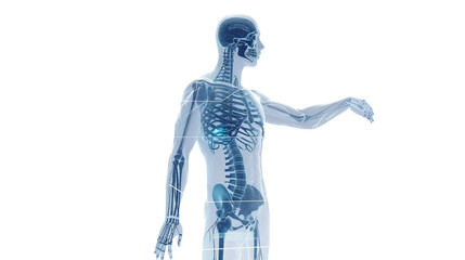 A man's skeleton is shown in a blue and white color scheme