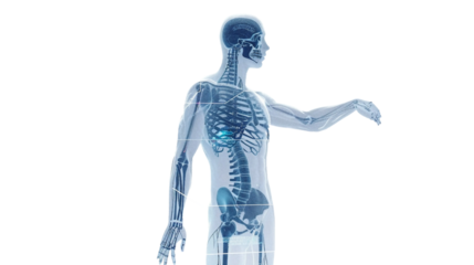 A man's skeleton is shown in a blue and white color scheme