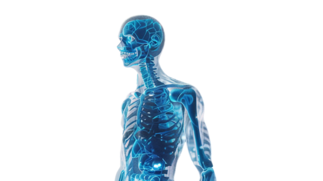 A blue skeleton is shown in a white background