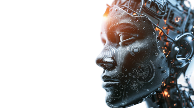 A woman's face is shown with a lot of wires and circuitry