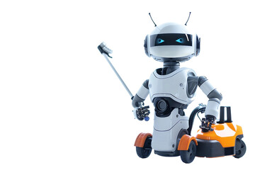 A robot is standing next to a small orange and white vehicle