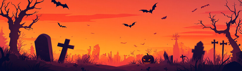 Halloween background with spooky graveyard, high contrast shadows, sunset, flying ghosts, black silhouette of pumpkins and bats.