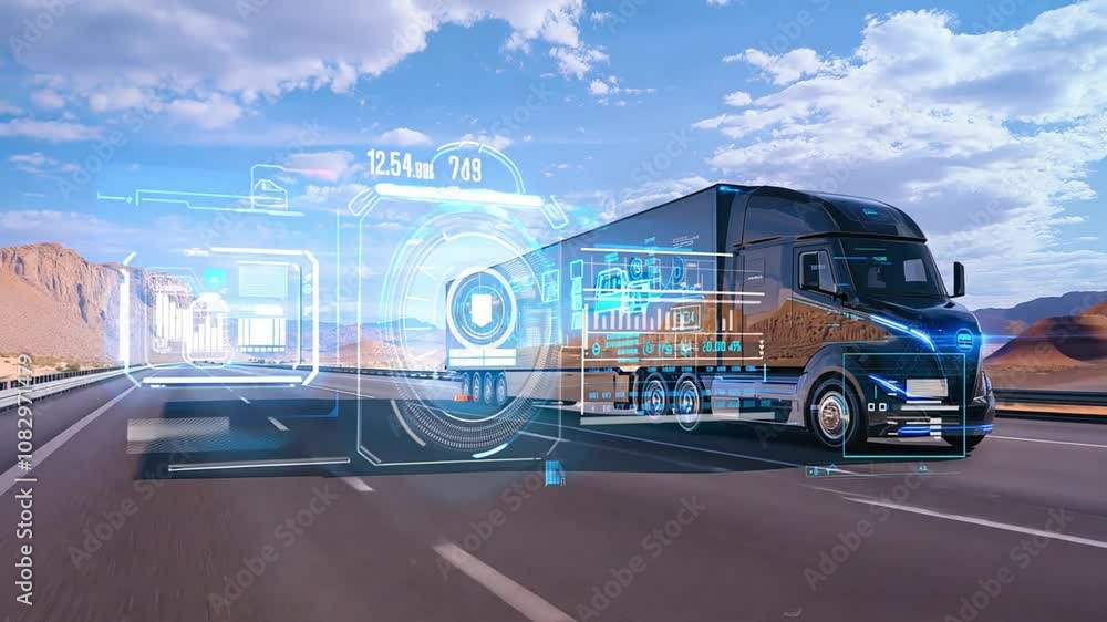 Poster a self driving truck navigates a highway, displaying real time data on its streamlined dashboard as 