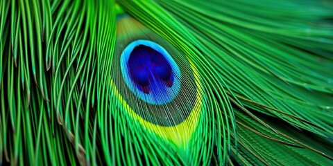 Obraz premium Closeup shot of a vibrant green peacock feather showcasing intricate patterns and iridescent hues, intricate, peafowl
