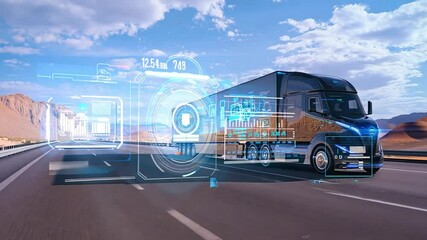A self driving truck navigates a highway, displaying real time data on its streamlined dashboard as it travels through a desert area - Powered by Adobe