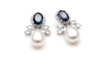 Pair of elegant dangle earrings with blue gemstone and pearl drops.
