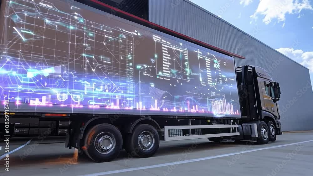 Poster a smart truck features a dynamic data visualization on its trailer while parked at a logistics cente
