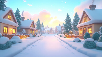 Fototapeta premium Cartoon winter scene with houses christmas trees and open center