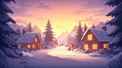 Fototapeta premium Cartoon winter scene with houses and christmas trees for text