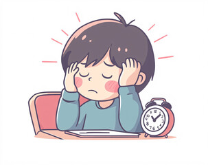 Illustration of a Tired Child Studying with Clock, Representing Fatigue, Time Pressure, and Educational Challenges