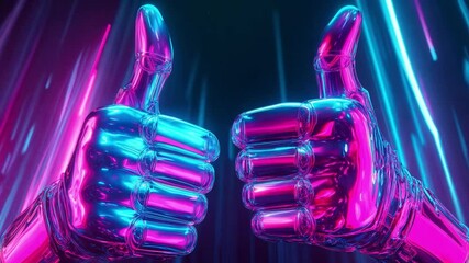 Futuristic robot hands give a thumbs up in a colorful neon environment, approving digital artistry and innovation - Powered by Adobe