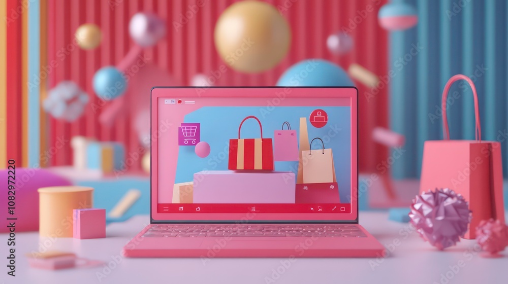 Poster a pink laptop with a shopping website displayed on the screen. the laptop is surrounded by colorful 