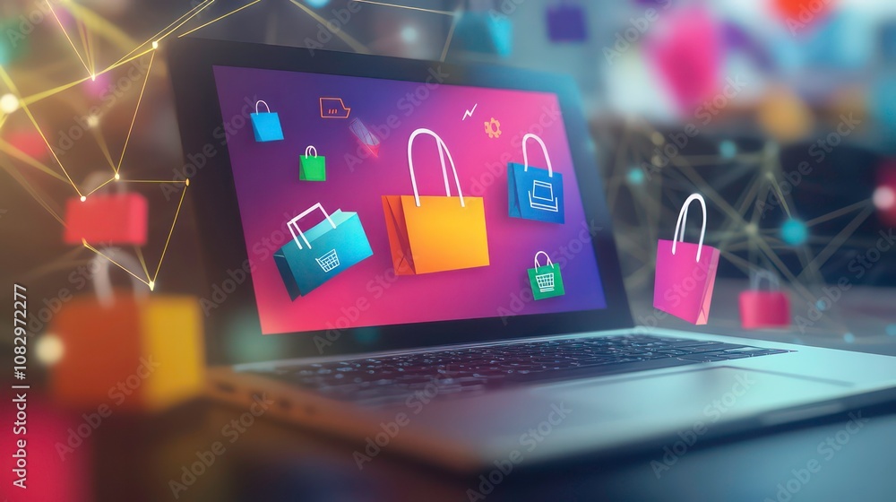 Poster laptop with colorful shopping bags on the screen and floating around it, representing online shoppin