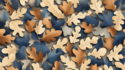 Fototapeta premium Abstract composition of overlapping oak leaves in earth tones, including shades of brown, beige, and deep blue, arranged in a seamless autumn-themed pattern.