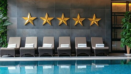 Lounge chairs sit beside a swimming pool with a row of five gold stars on the wall behind them at serene spa setting