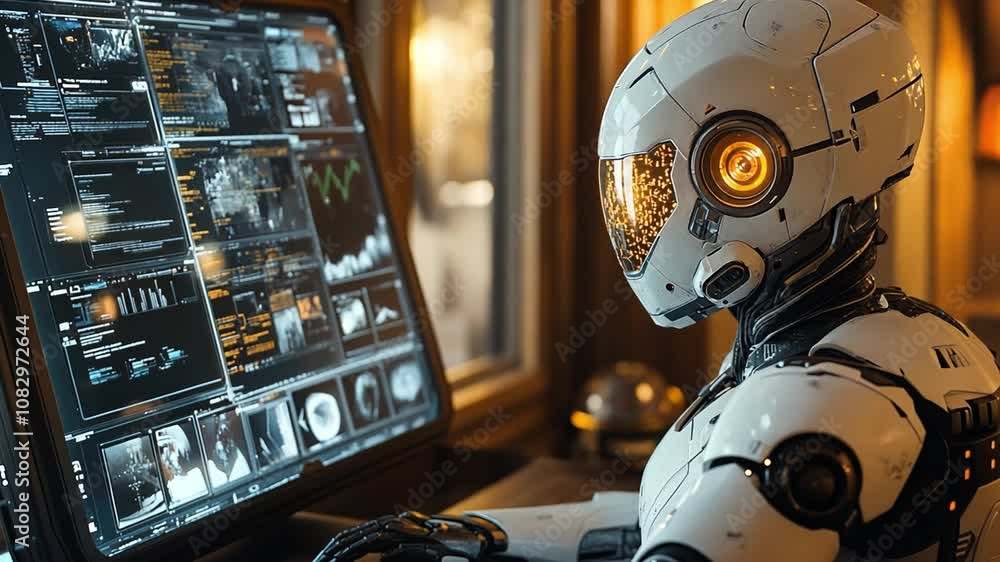 Poster a futuristic robot interacting with advanced technology in a modern control room at dusk