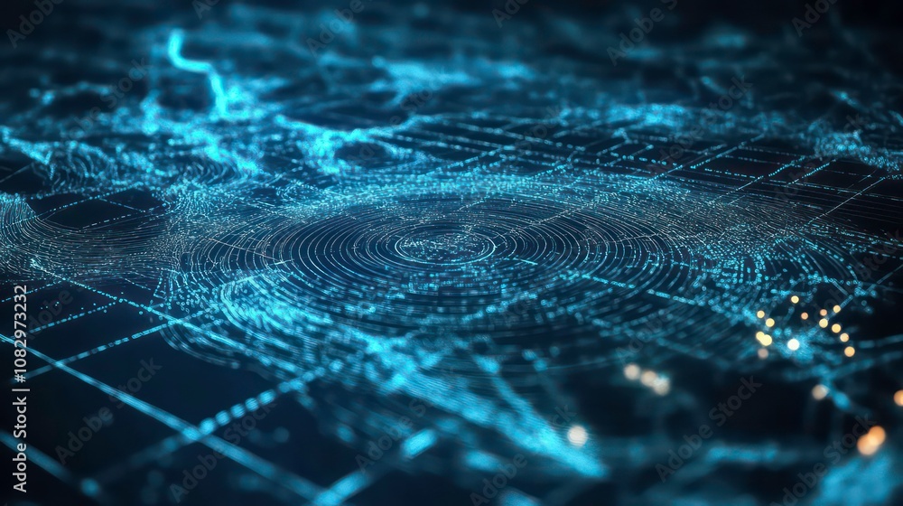 Poster using digital radar to map terrain, communication technology concept