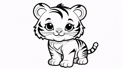 Fototapeta premium Cute cartoon tiger cub illustration, black and white, isolated on white background.
