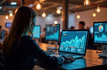 Woman uses laptop with charts on screen, analyzes data, performance metrics. Office worker in corporate environment, looks at digital marketing insights. Business person works on online advertising