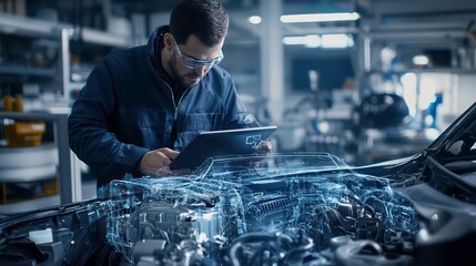 Using an Augmented Reality Diagnostics Software on a tablet computer, a technician inspects the engine bay to find broken components