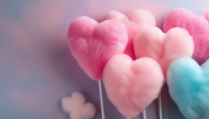 Obraz premium Pink and blue heart shaped cotton candies on sticks against soft pink background. copy space