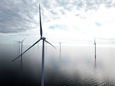 Aerial view of an offshore windpark, Breezanddijk, The Netherlands
