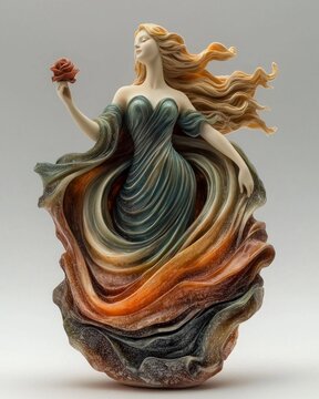 Aphrodite stands elegantly flowing dress her golden hair cascading as she smiles softly while holding rose embraced warm morning light.
