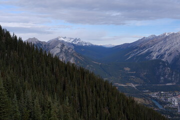 Photo of Cascade Mountain, Bow Valley, Bow River, Tunnel Mountain and town of Banff within Banff National Park in Alberta, Canada.