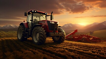 Obraz premium A photo of a tractor and plow on a farm at sunrise