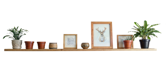 Wooden floating shelf with decorative object and picture canvas. isolated PNG