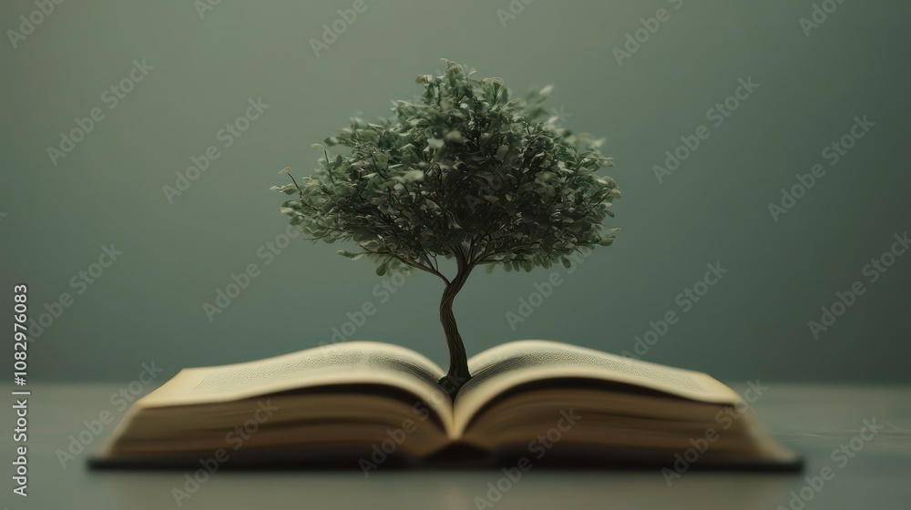Poster a small tree grows from the pages of an open book. the tree symbolizes knowledge, growth, and the po