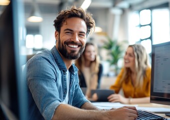 Group of business people and software developers working as a team in office.Smiling young man in office blurred coworkers.