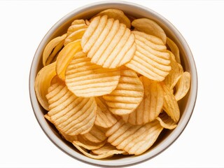 Golden Ruffled Chips: A full bowl of crispy, golden-brown ruffled potato chips, viewed from above, offering a tempting snack. 
