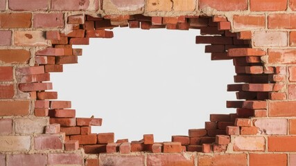Obraz premium Breaching Barriers: A close-up of a brick wall with a large hole punched through, revealing a sense of breaking through constraints, signifying progress and change.