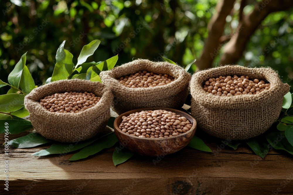 Aufkleber bowls and burlap sacks filled with various lentils, beans, and chickpeas are arranged on a rustic wo