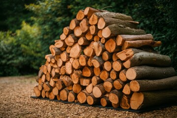 Cozy Cabin Essentials: A meticulously stacked pile of firewood, showcasing the raw texture of timber, inviting warmth and rustic charm against a backdrop of serene green foliage