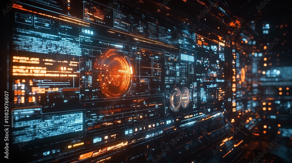 Aufkleber a sophisticated holographic interface organizes complex data with glowing visuals in a high-tech con